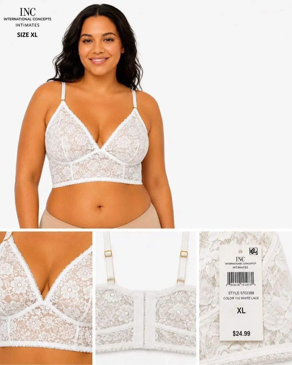 NWT I.N.C. International Concepts White Floral Lace Bralette XL Wirefree Sheer C